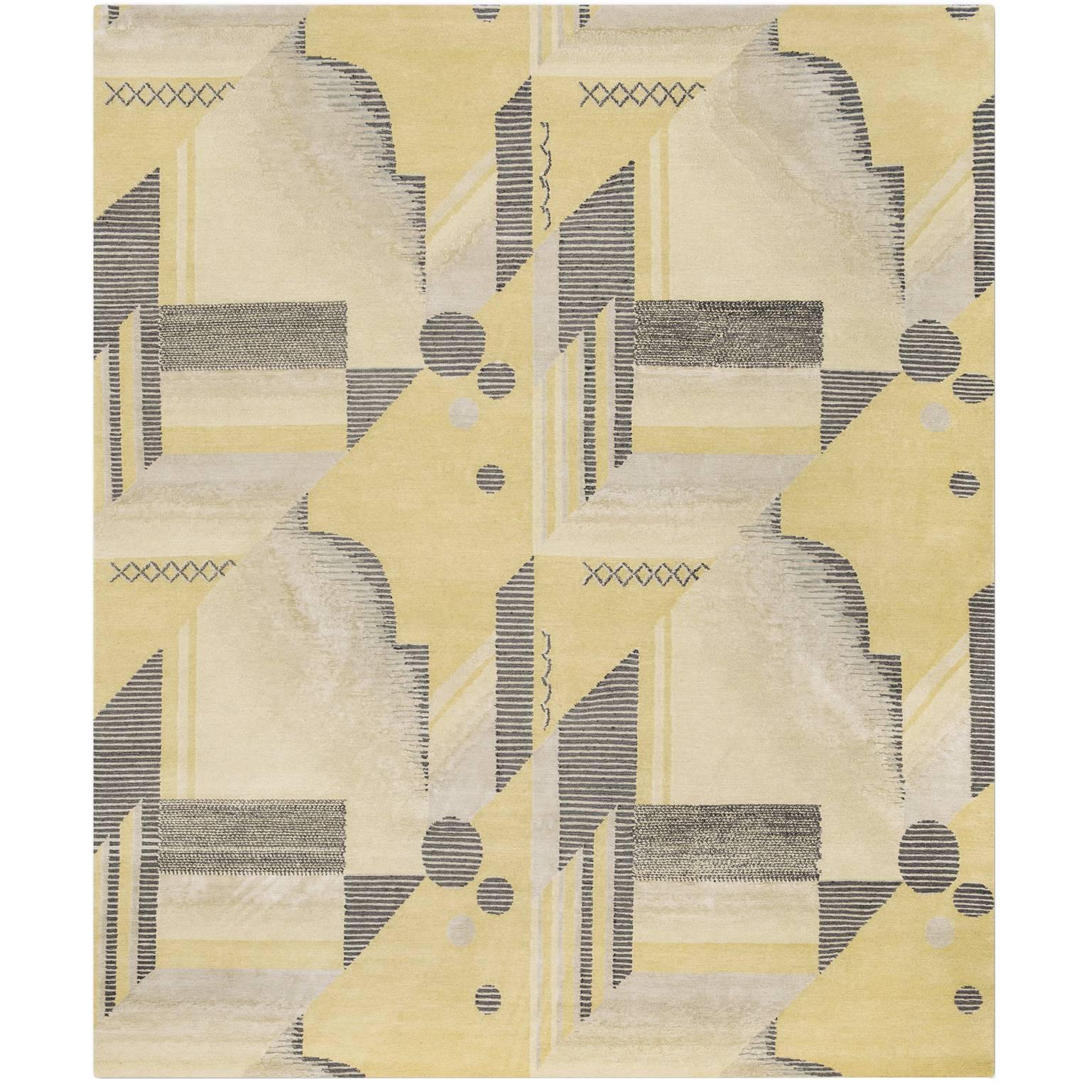 'Art Deco_Lemon' Hand-Knotted Tibetan Contemporary Geometric Rug Wool & Silk For Sale