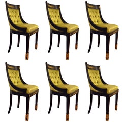 Antique 19th Century Napoleon III Black lacquered Wood Chairs Green Velvet Seats