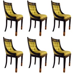 19th Century Napoleon III Black lacquered Wood Chairs Green Velvet Seats