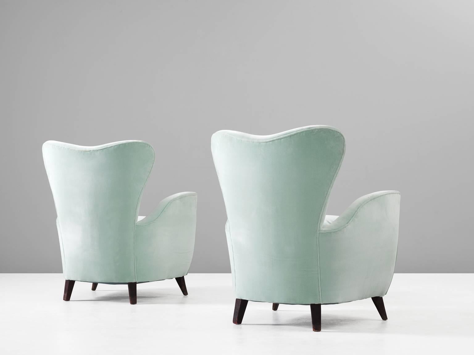 Mid-Century Modern Set of Two Italian Easy Chairs in Mint Green Upholstery