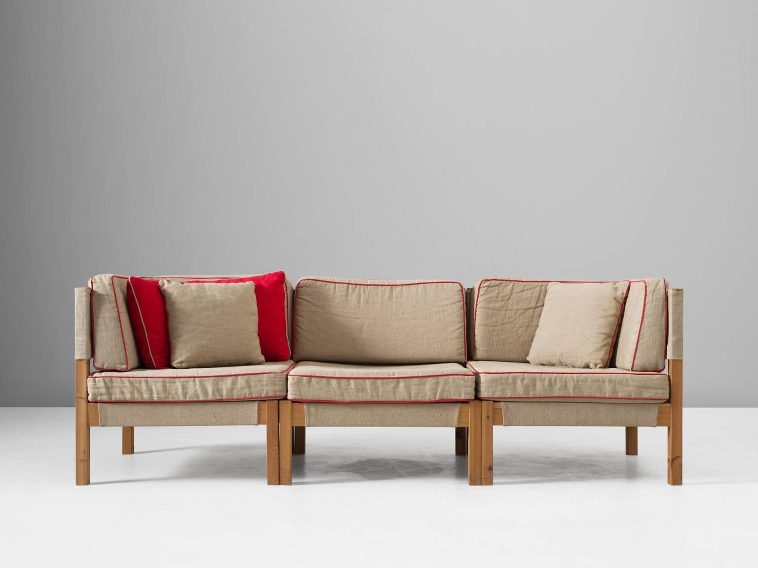 Danish Modular Sofa in Natural Canvas and Red Accents In Good Condition In Waalwijk, NL