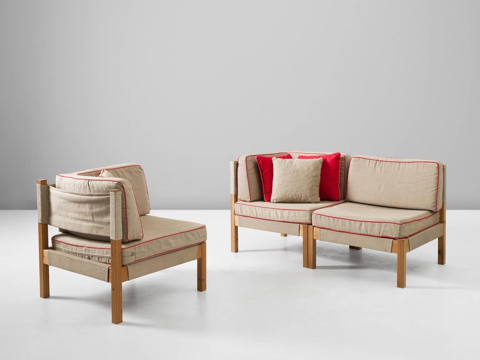Mid-Century Modern Danish Modular Sofa in Natural Canvas and Red Accents