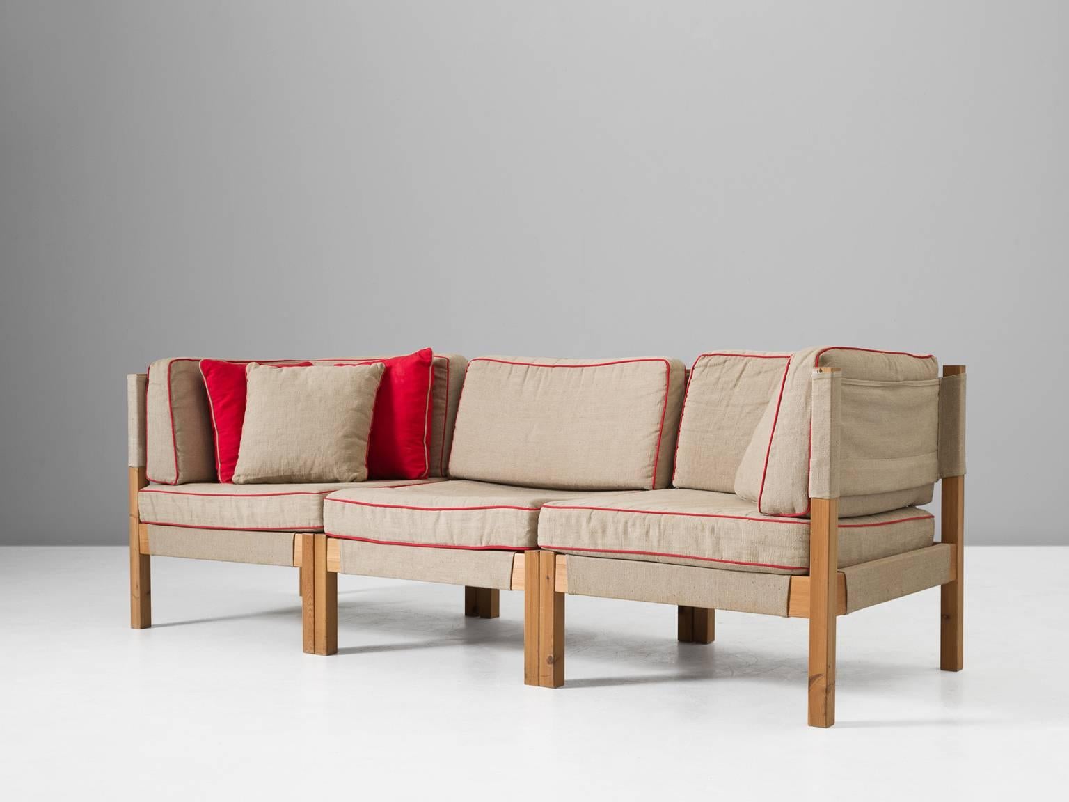 Mid-20th Century Danish Modular Sofa in Natural Canvas and Red Accents