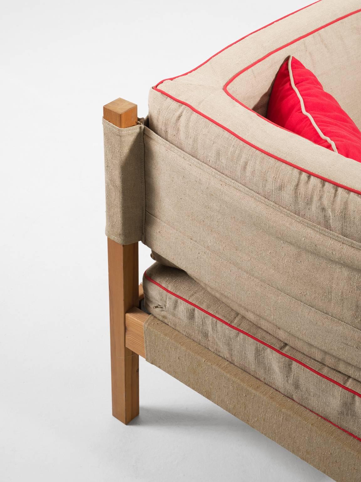 Fabric Danish Modular Sofa in Natural Canvas and Red Accents