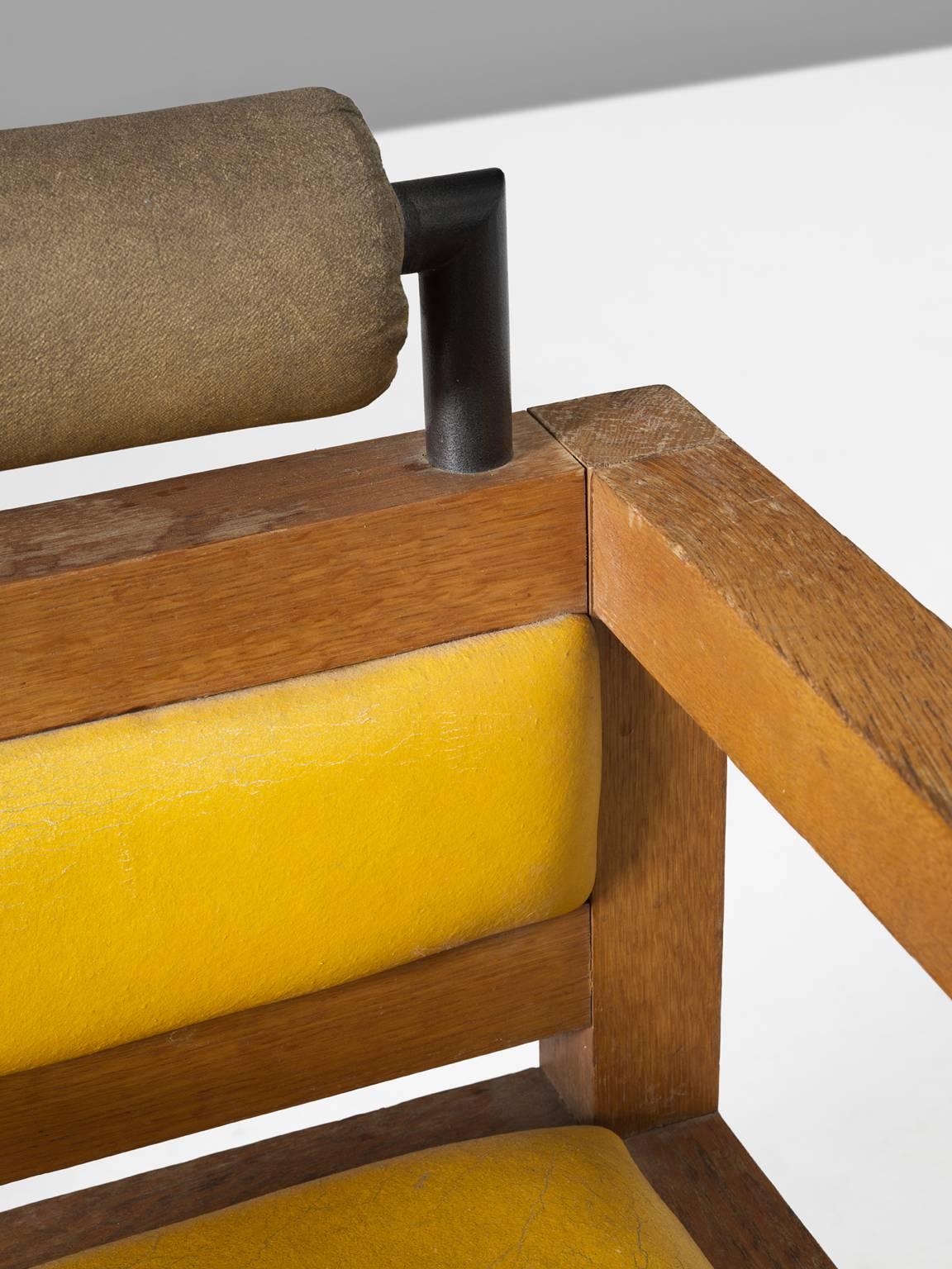 Late 20th Century Set of Two Cubic Armchairs in Oak and Yellow Leather Upholstery