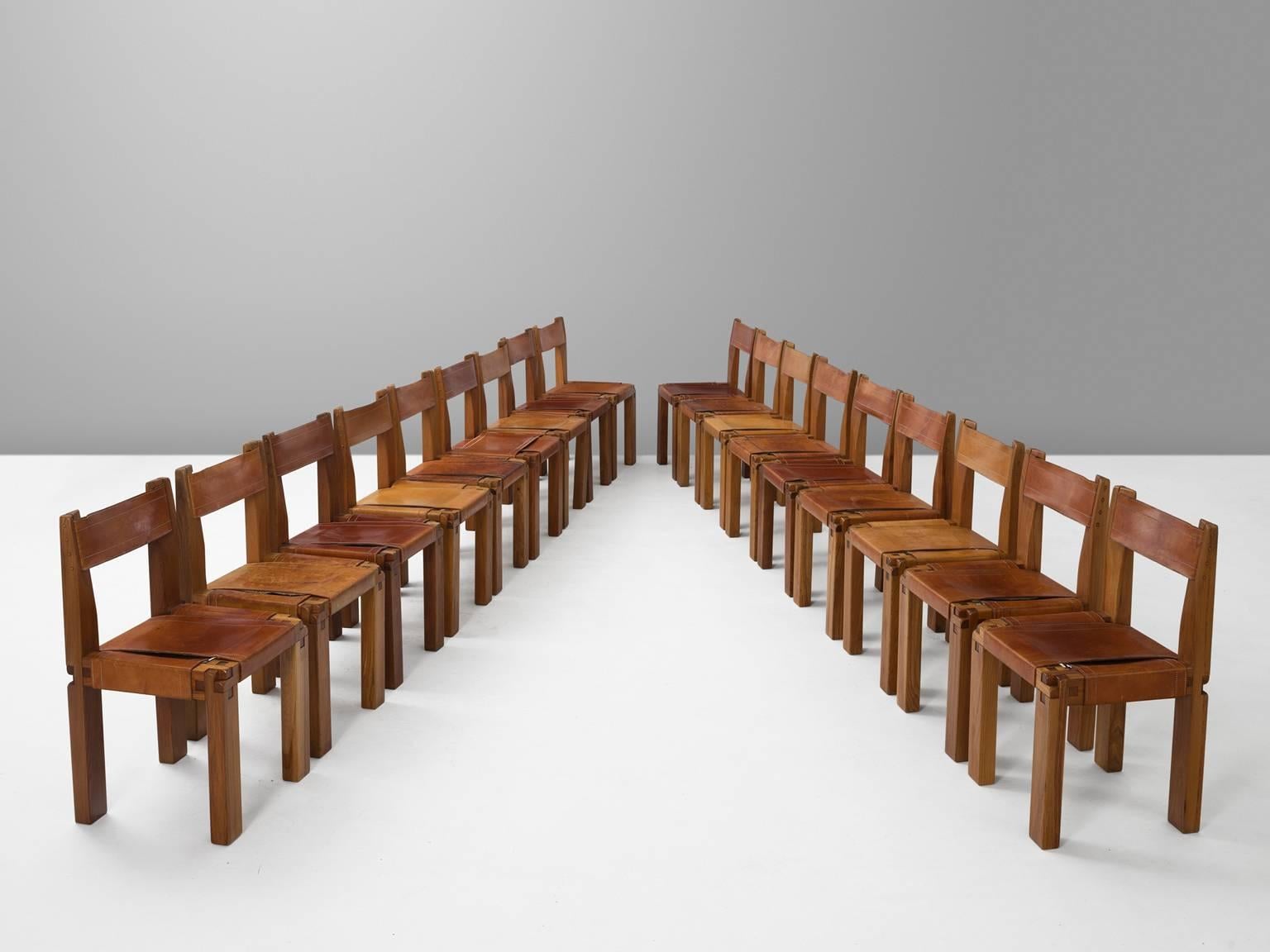 Set of 18 chairs, model S11, in elm and leather, by Pierre Chapo, France, circa 1955.

Large set of 18 chairs in solid elmwood with saddle leather seating and back. Designed by French designer Pierre Chapo for Atelier Chapo, Paris. These chairs