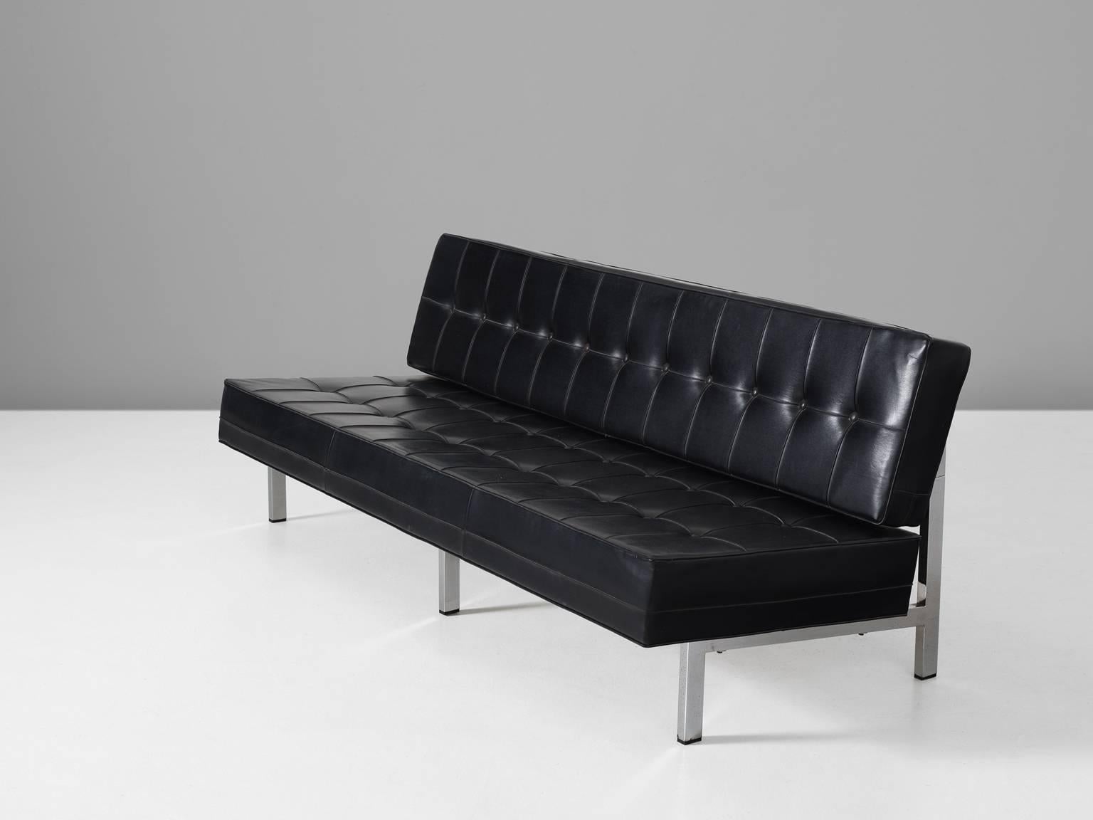Mid-Century Modern MIM Roma Black Leather Sofa, 1960s