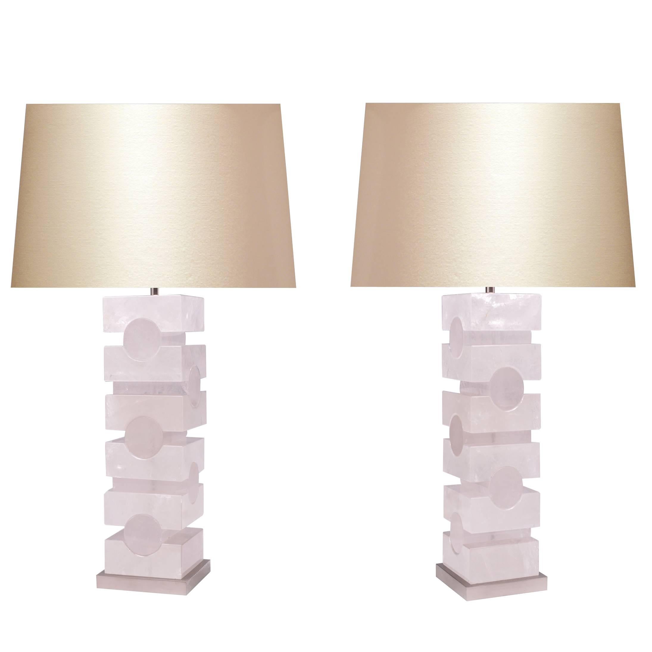 Pair of Sculptured Rock Crystal Quartz Lamps For Sale