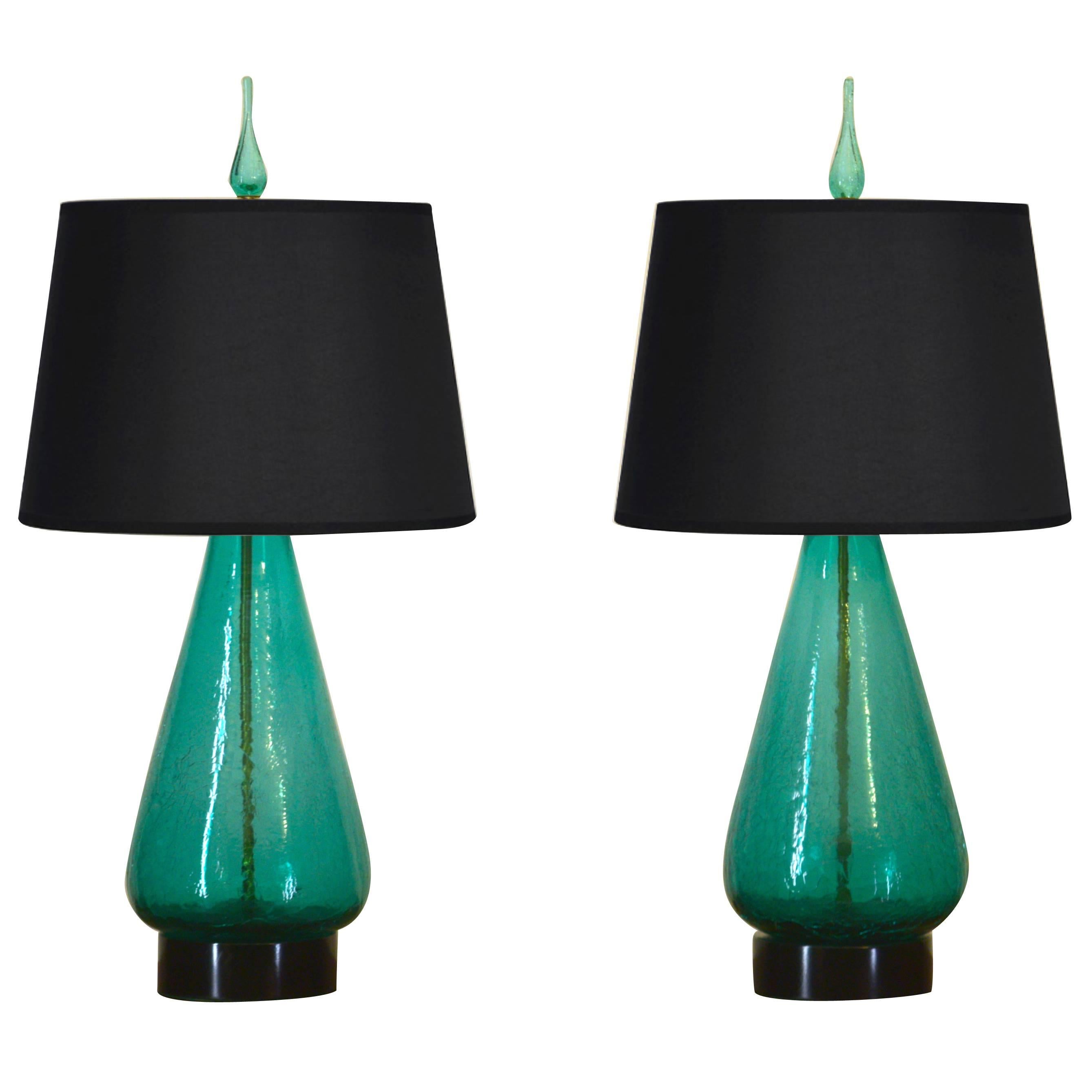 Pair of Original 1960s Blenko Lamps in Sea Green