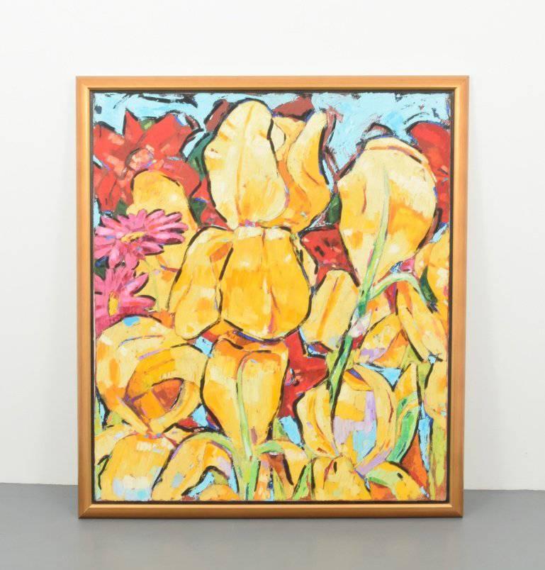 Large painting titled YELLOW IRIS by John Seery (American, b. 1941). Gallery label to reverse: Hokin Gallery, Palm Beach, Florida. Work is signed and dated.