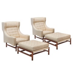 Ammannati & Vitelli, Pair of Italian Walnut Upholstered Armchairs with Ottomans