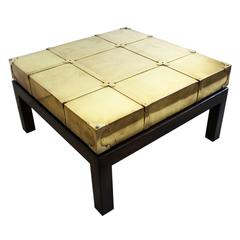 Signed Sarreid Brass Coffee Table Walnut Wood Base Glass Top Spain