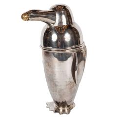 Art Deco Style Penguin Cocktail Shaker in Silver Plate with Brass Stopper