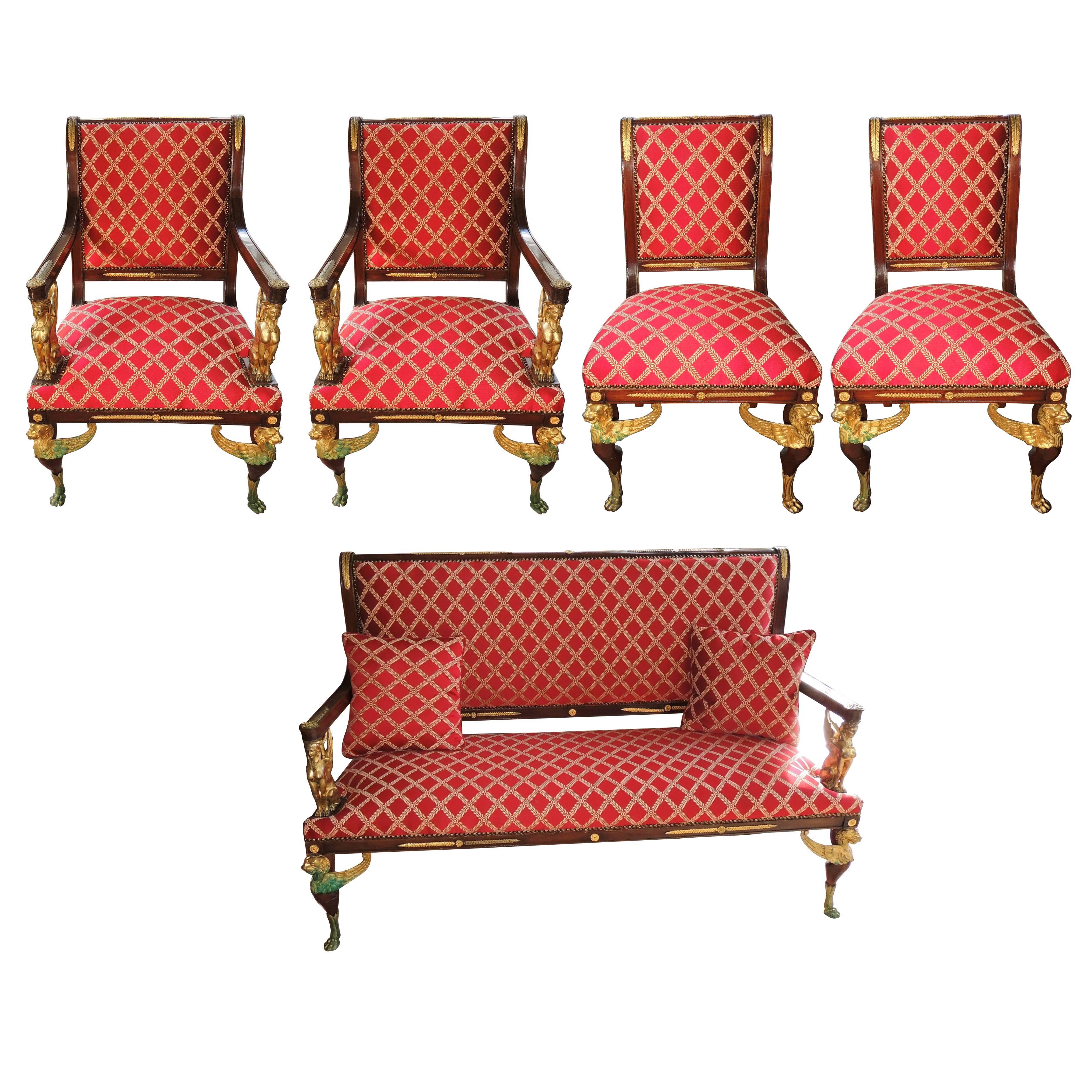 French Empire Parlour Set of Five-Piece Ormolu Bronze Armchairs Couch Settee