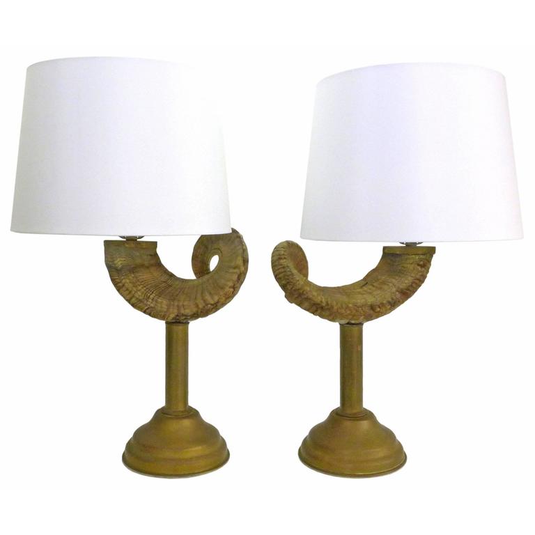 Pair of Ram's Horn and Brass Table Lamps For Sale