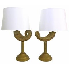 Vintage Pair of Ram's Horn and Brass Table Lamps