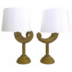 Pair of Ram's Horn and Brass Table Lamps