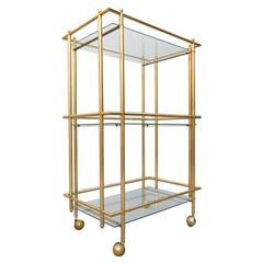 Mid-Century Modern Three-Tier Brass and Glass Bar Service Cart Trolley