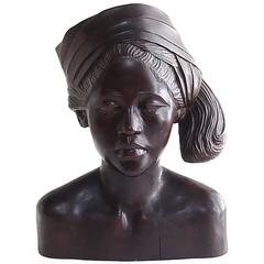 Beautiful Carved Mahogany Bust of Balinese Woman Wearing Headscarf