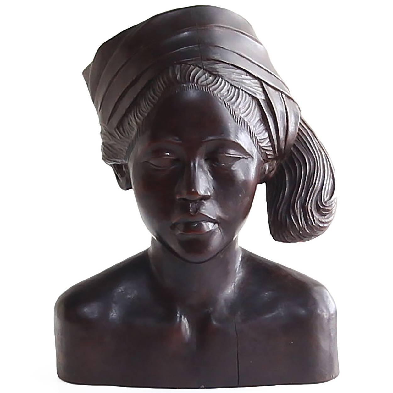 Beautiful Carved Ebony Wood Bust of African Woman Wearing Headscarf For ...