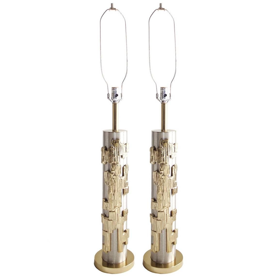 Pair of Brutalist Style Mid-Century Lamps, Laurel Co. in Gold and Brushed Silver For Sale