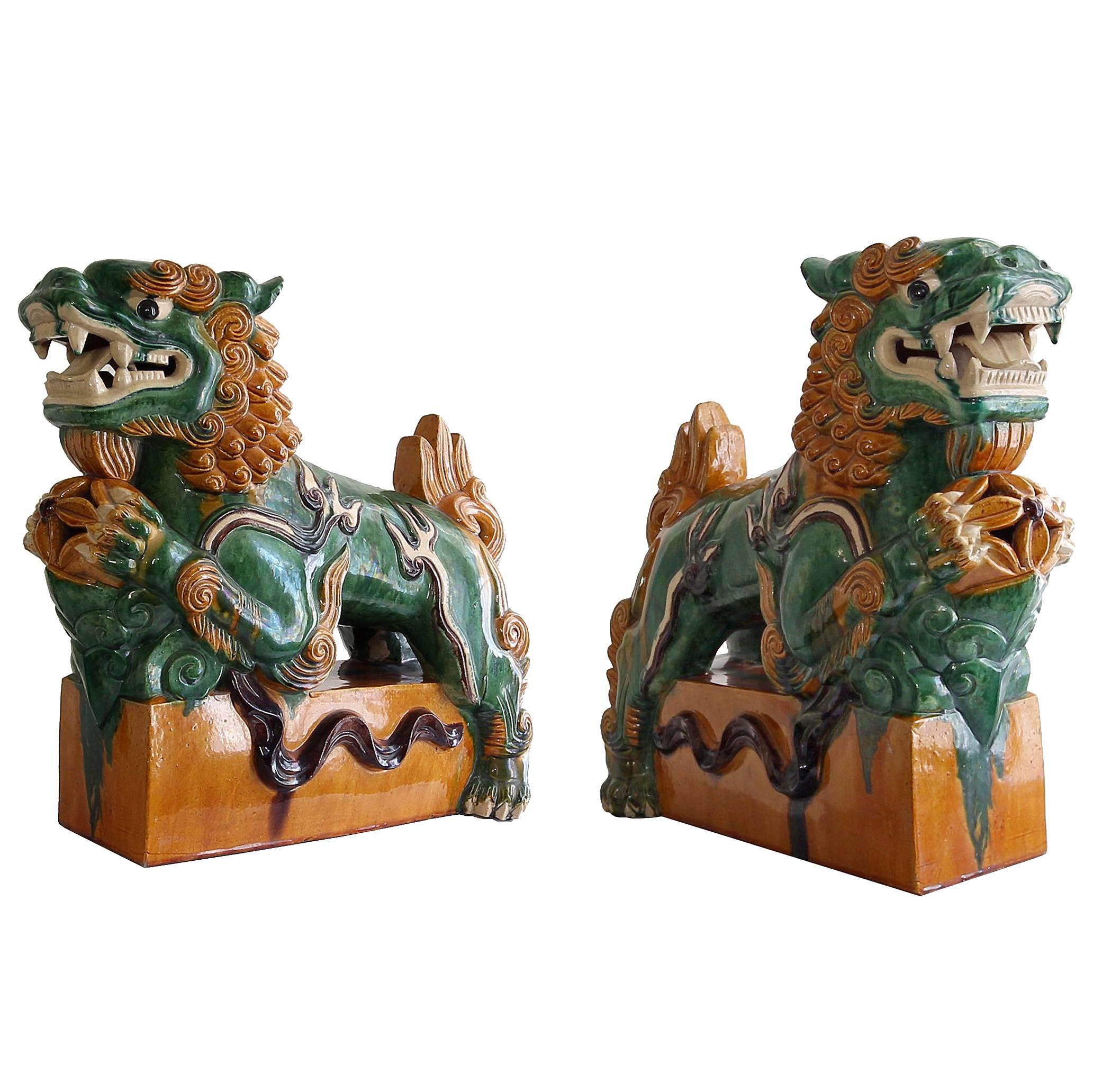 Pair of Oversize Chinese Sancai Glazed Food Dogs on Pedestals For Sale
