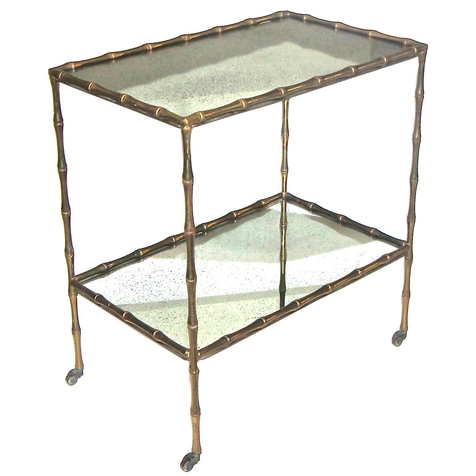 Bagues Faux Bamboo Bronze Two-Tier Side Table or Bar Cart For Sale