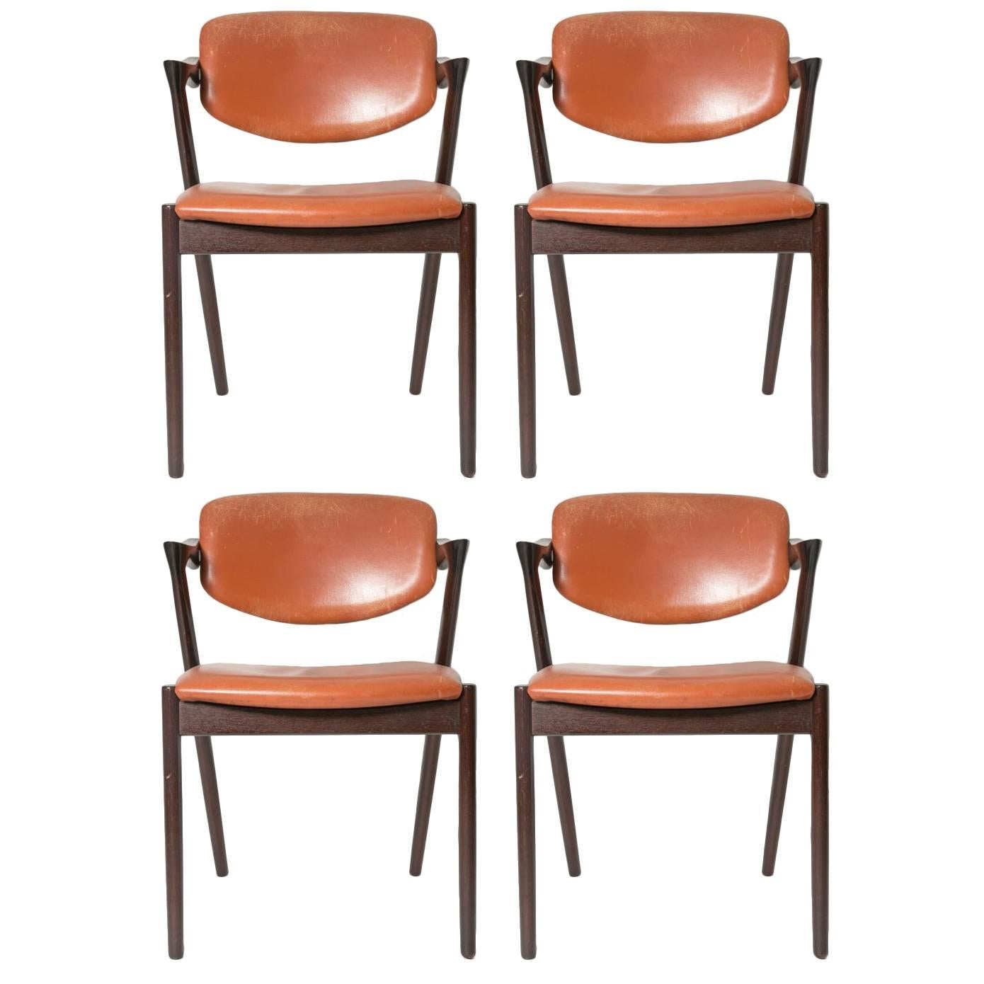 Four Kai Kristiansen Cognac Leather and Mahogany 'Z' Dining Chairs