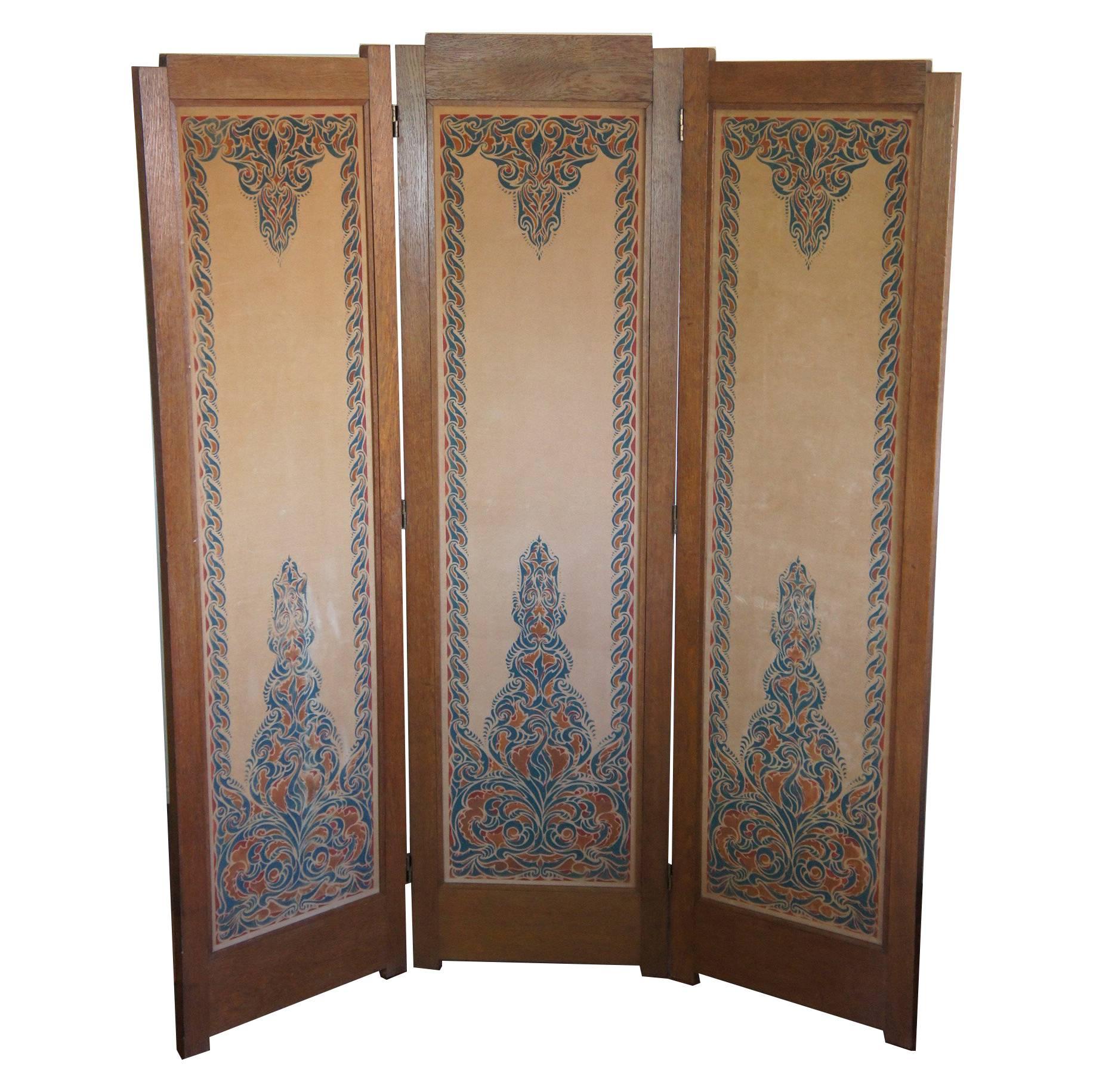 Dutch Arts and Crafts Folding Screen with Batik Printed Felt on Wooden Panels