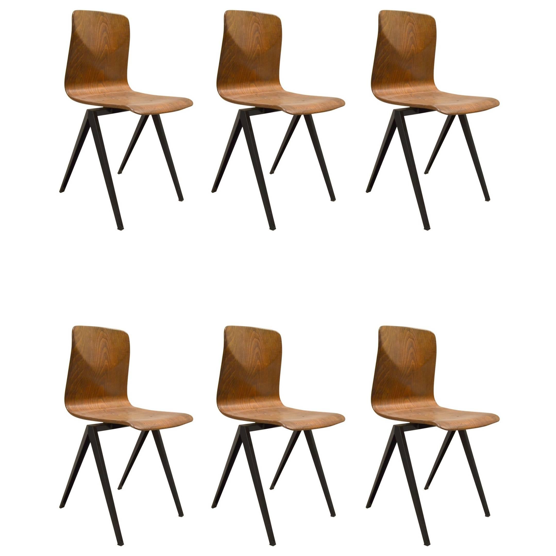 Set of Six Dutch Industrial S22 Galvanitas School Chairs Dark Brown, 1967