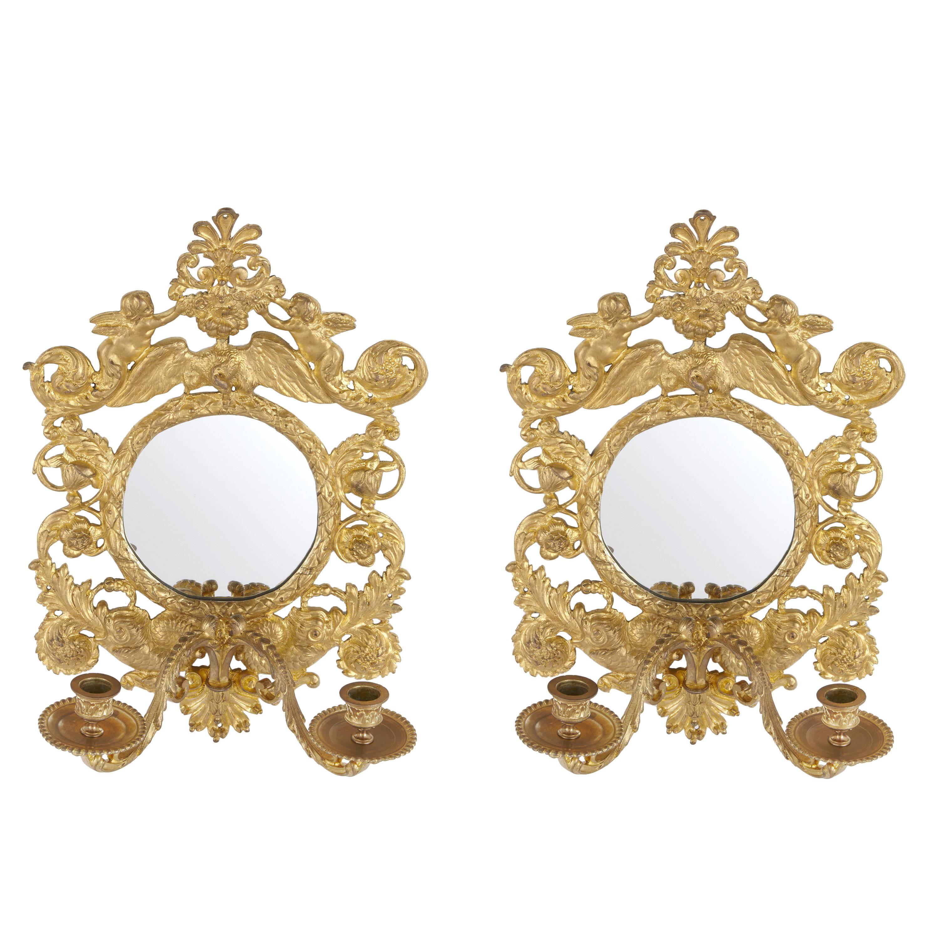 Pair of Antique French Ormolu Wall Lights with Mirrored Backings