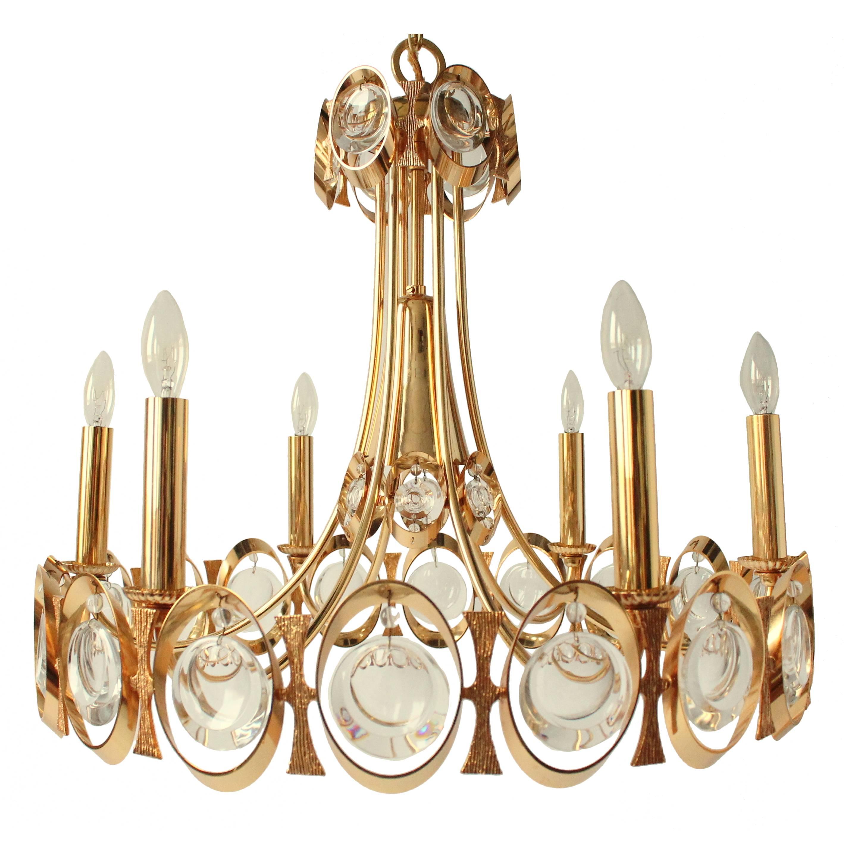 Palwa Gold-Plated Seven Lights Chandelier with Crystal Lens, 1970s, Germany 