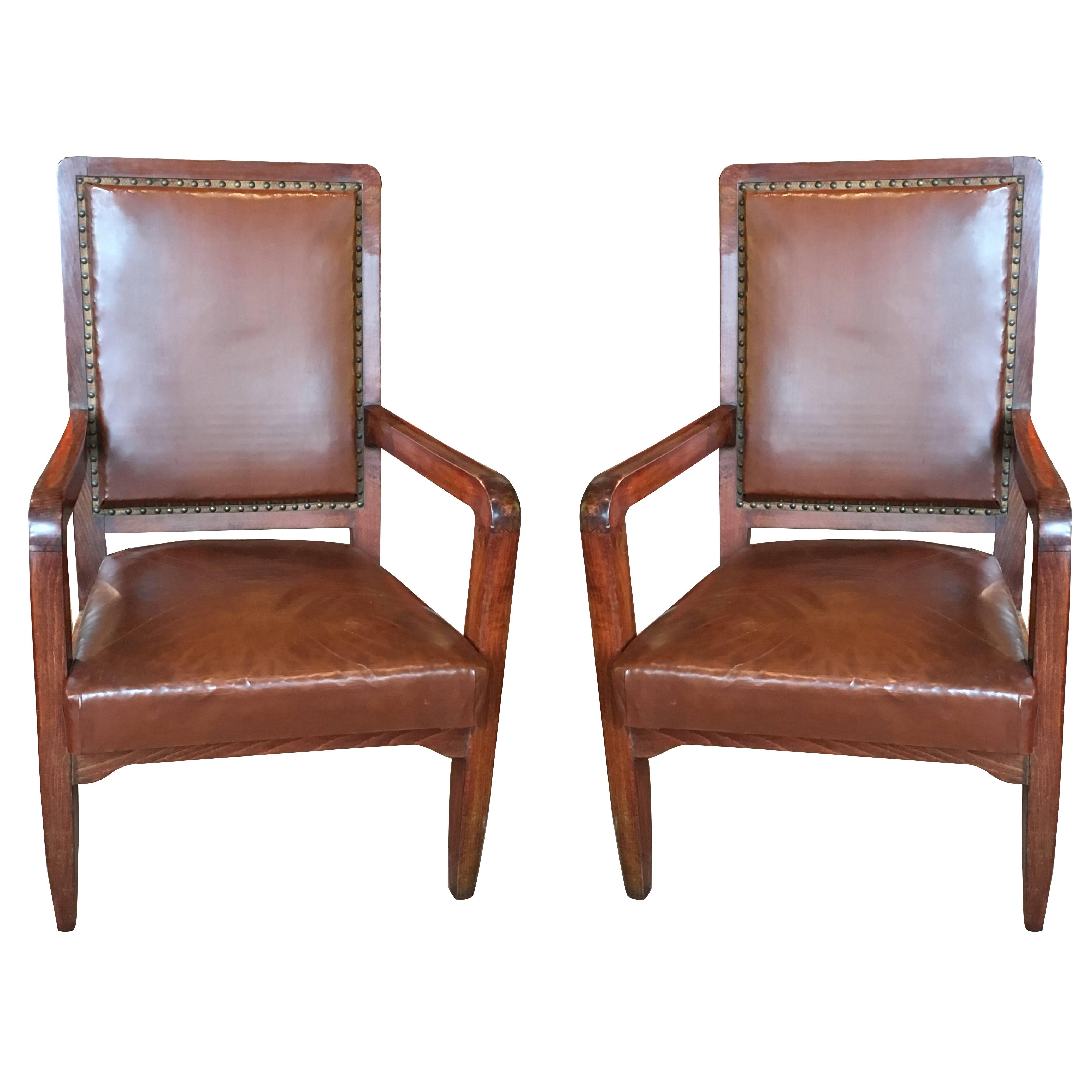 Pair of French Leather Library Chairs