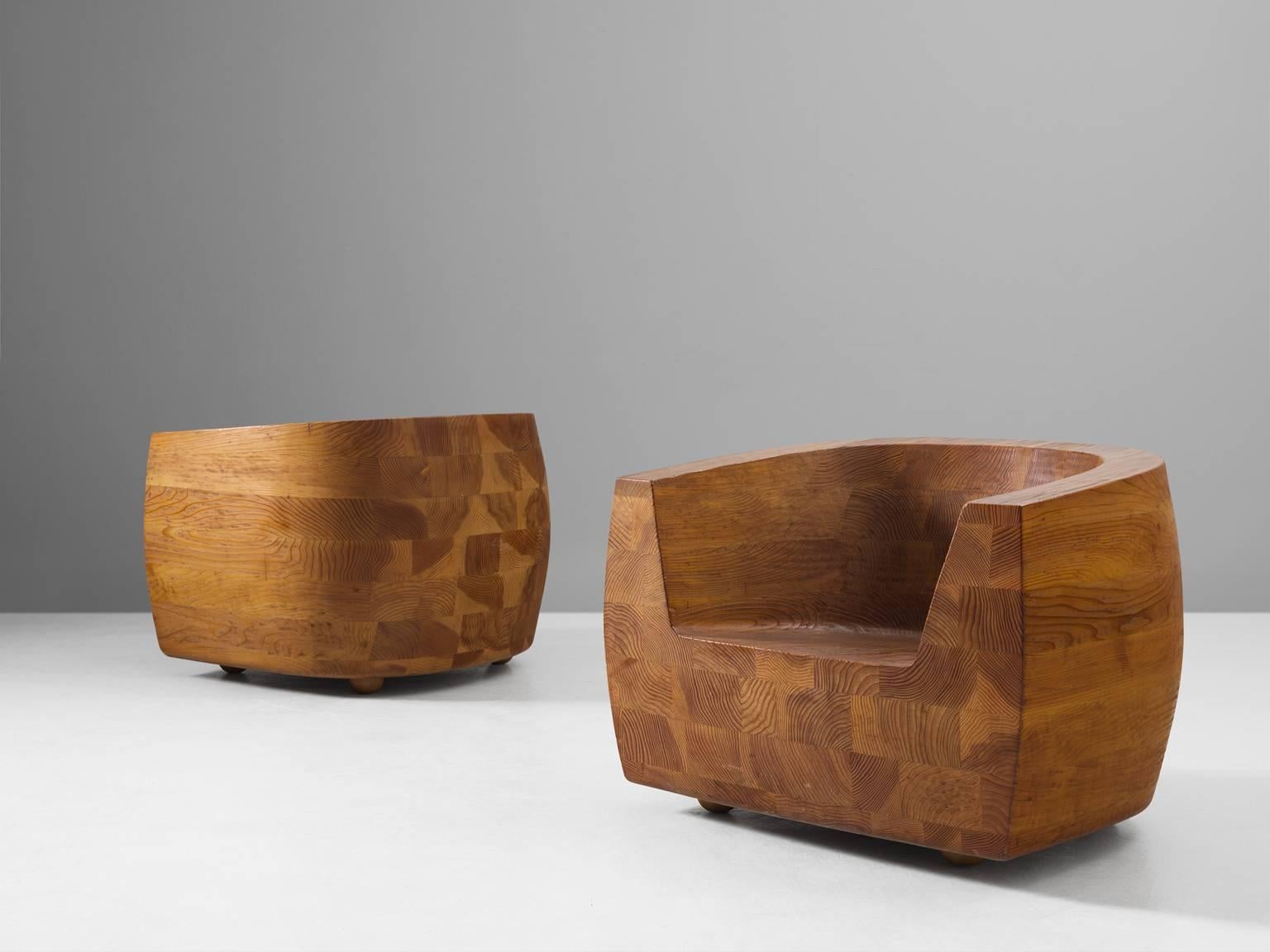 Isamo Kenmochi for Tendo, Kashiwado chairs, cedar, Japan, 1961. 

The rare vintage editions of the 'Kashiwado' armchairs were specially designed for the famous Sumo wrestler Kashiwado Tsuyoshi. Highly rare to find as a vintage pair in this excellent