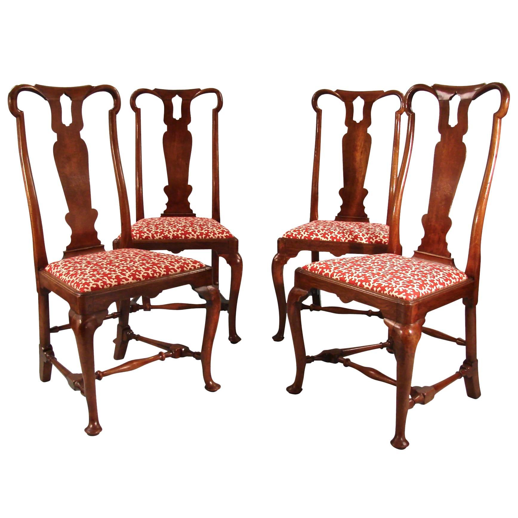 Rare Set of Four Queen Anne Period Walnut Side Chairs