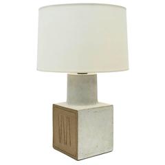 Square White Ceramic Table Lamp with Geometric Etching by Bruno Gambone, 1970s