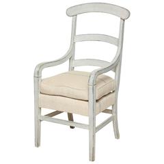 19th Century French Ladder Back Painted Wood Arm Chair with Linen Cushion