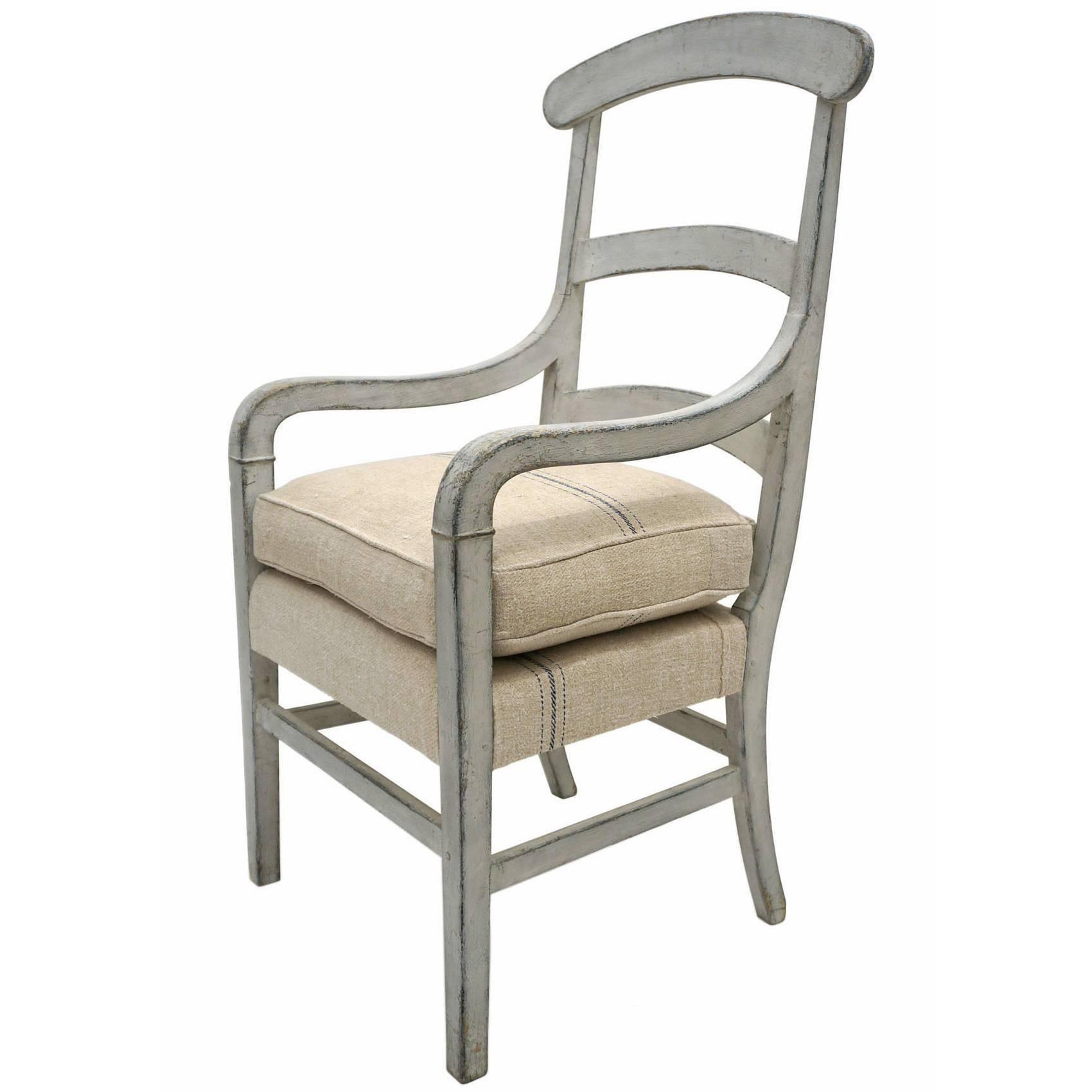 19th Century French Ladder Back Painted Wood Arm Chair with Linen Cushion For Sale