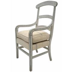 19th Century French Ladder Back Painted Wood Arm Chair with Linen Cushion