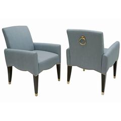 Pair of Blue Cafe Marly Chairs with Large Brass Ring on Back by Olivier Gagnère