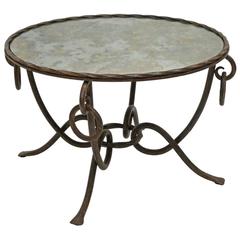 French Mid-Century Round Gilt Iron Table with Mirrored Top by René Drouet