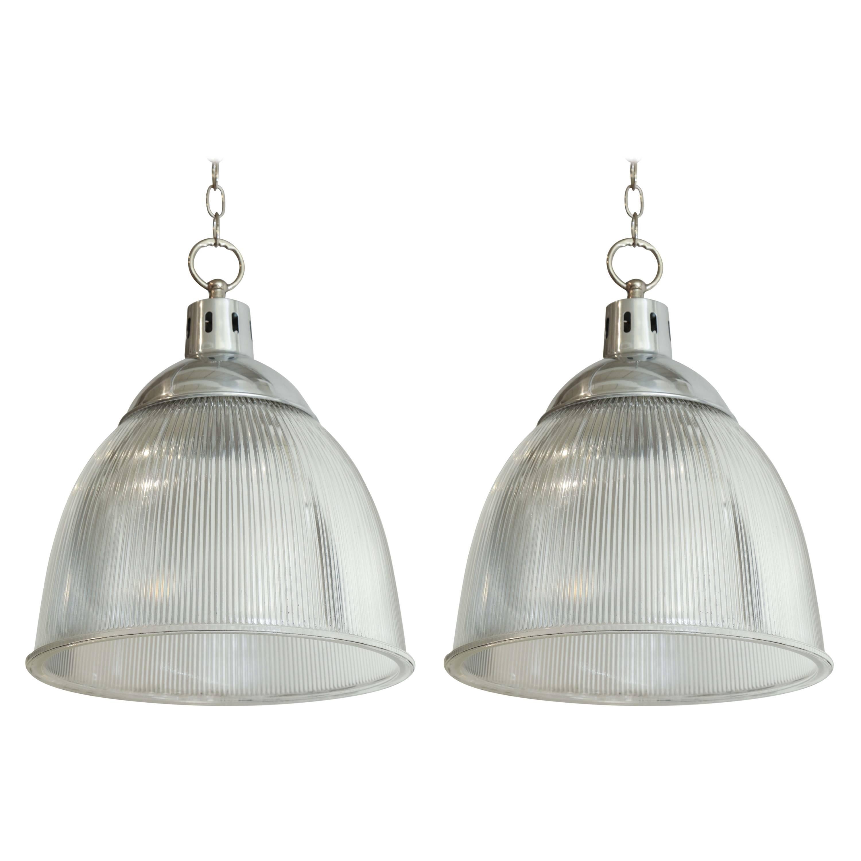 Pair of 1940s English Halophane and Aluminium Pendant Light Fixtures For Sale