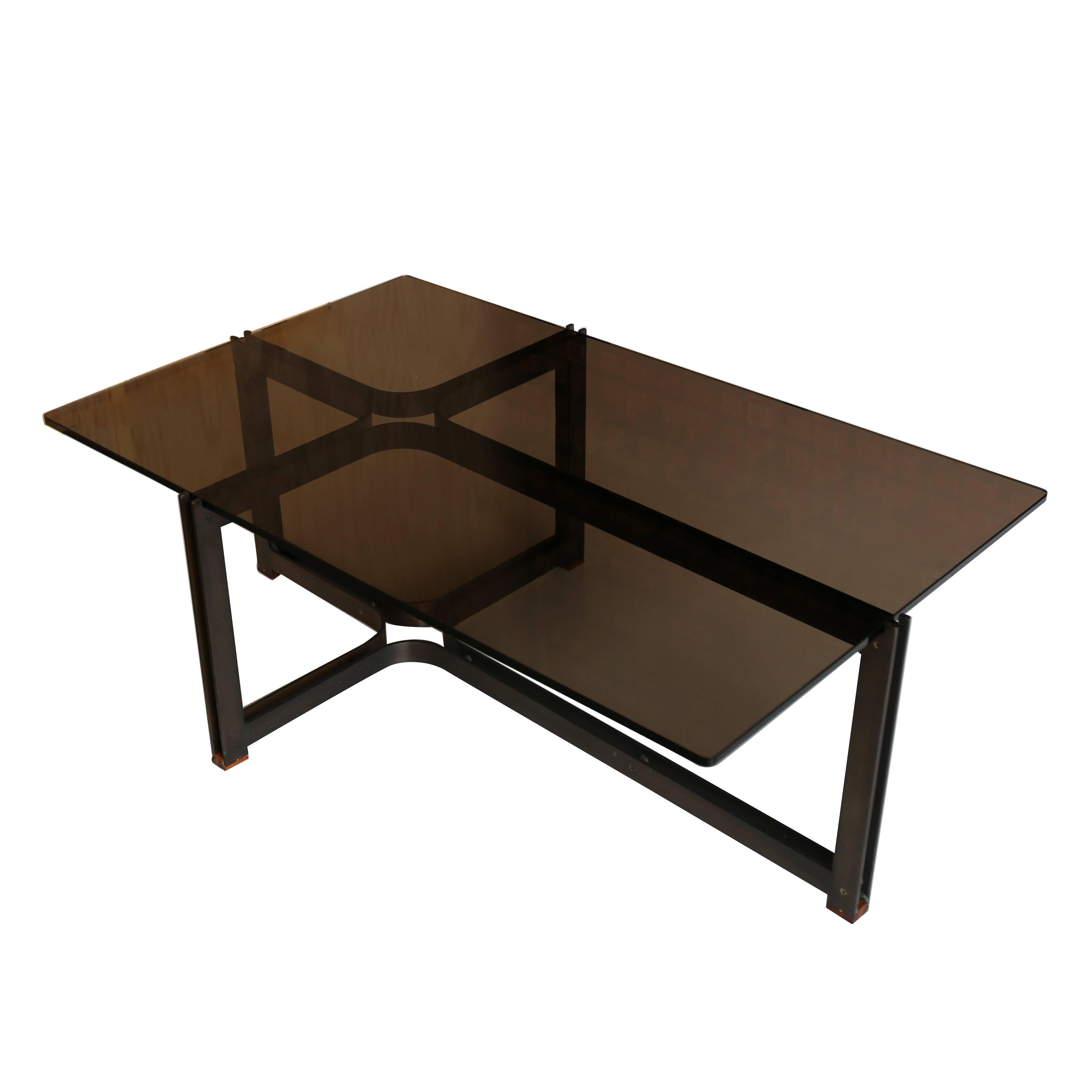 Bronze, Rosewood and Smoked Glass Coffee Table by Tom Lopinski For Dunbar