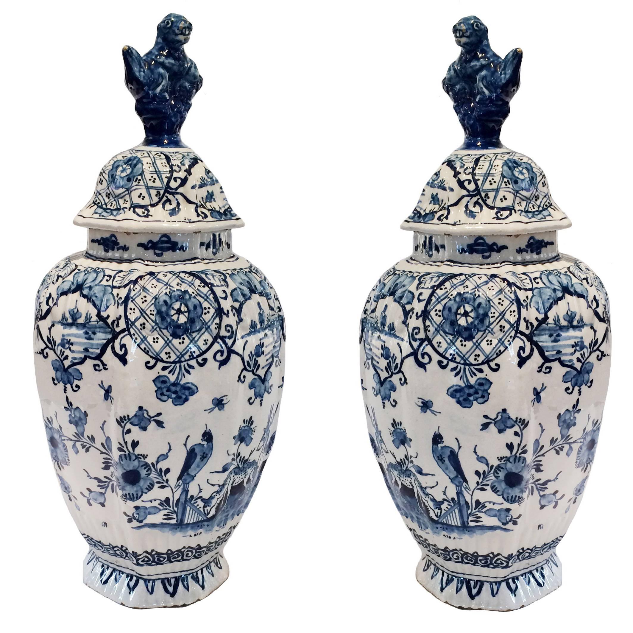 Pair of Blue and White Delft Covered Vases For Sale