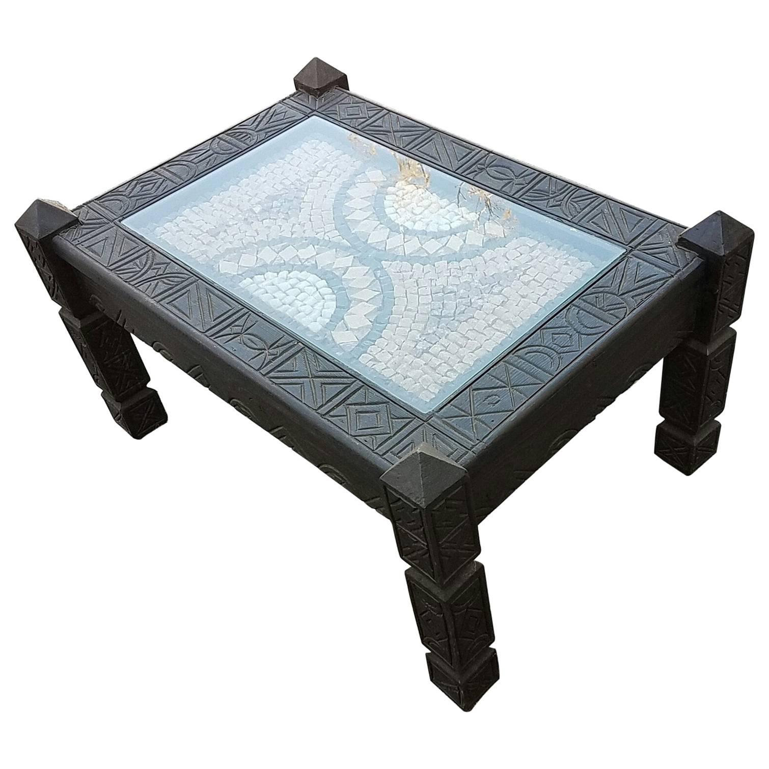 Moroccan Cedar Wood Coffee Table, Marble-Top For Sale