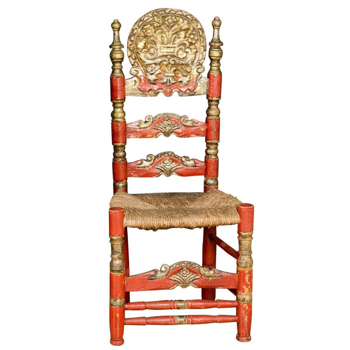 Single Andalusian Antique Polychromed Rush Seat Chair