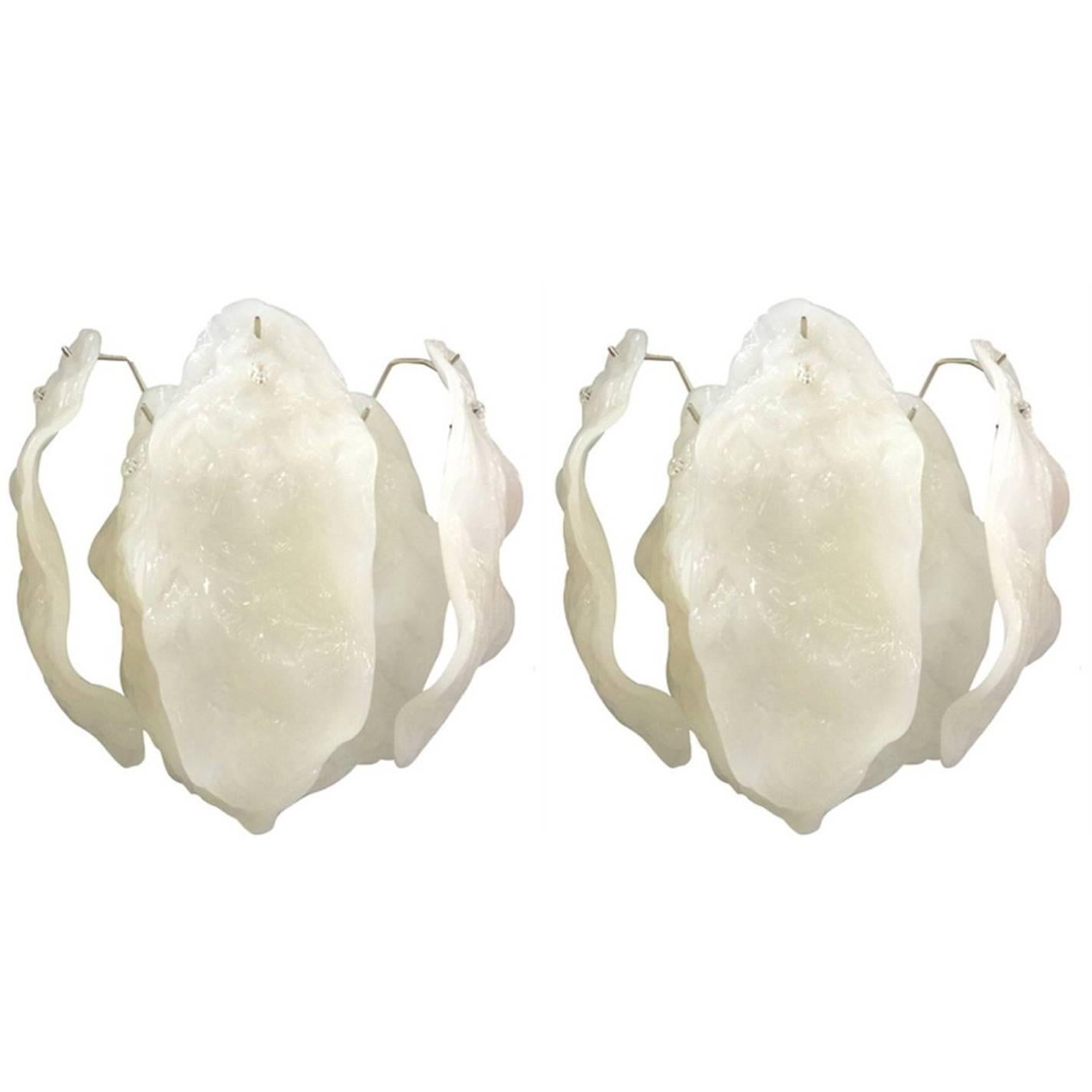 Pair of Murano Milky Bent Leaves Sconces