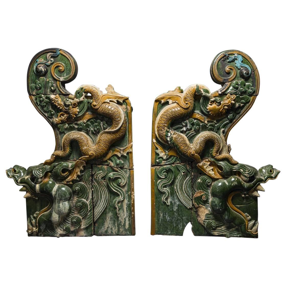 Pair of Ming Dynasty Glazed Dragon Temple Tiles For Sale