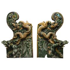 Antique Pair of Ming Dynasty Glazed Dragon Temple Tiles
