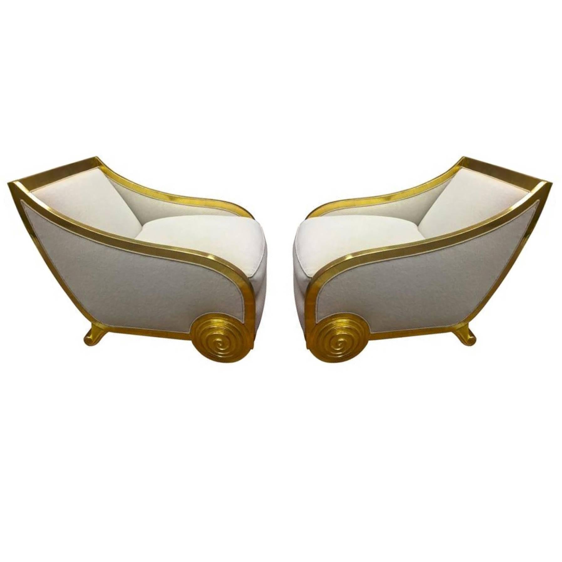 Paul Iribe Attributed Chicest Pair of Gold Leaf Art Deco Slipper Chairs For Sale